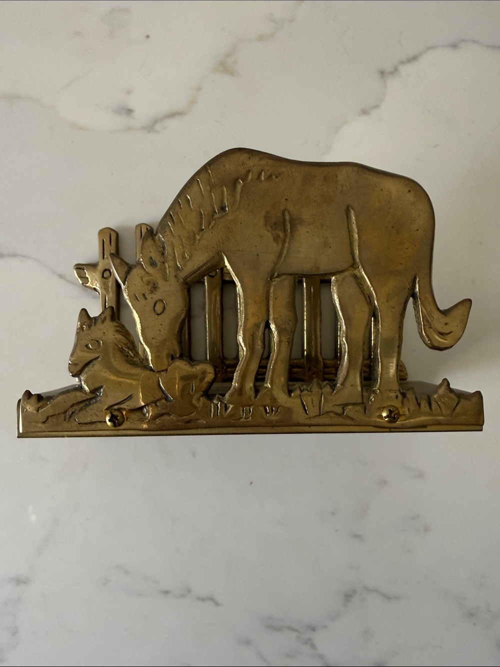 Vintage Brass Horse & Foal Figurine Napkin Holder or Letter Holder